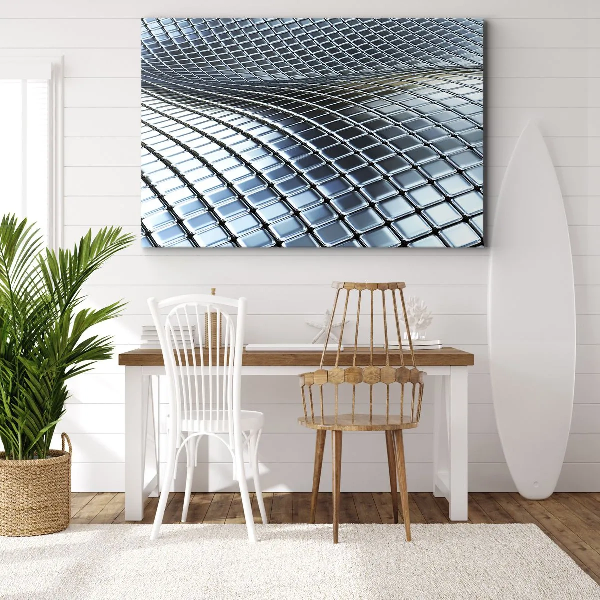 Schilderen op canvas - Moderne structuur gemaakt van metalen vierkanten - 70x50cm - Metallic zilveren golf - Moderne wanddecoratie voor woonkamer en slaapkamer ARTTOR