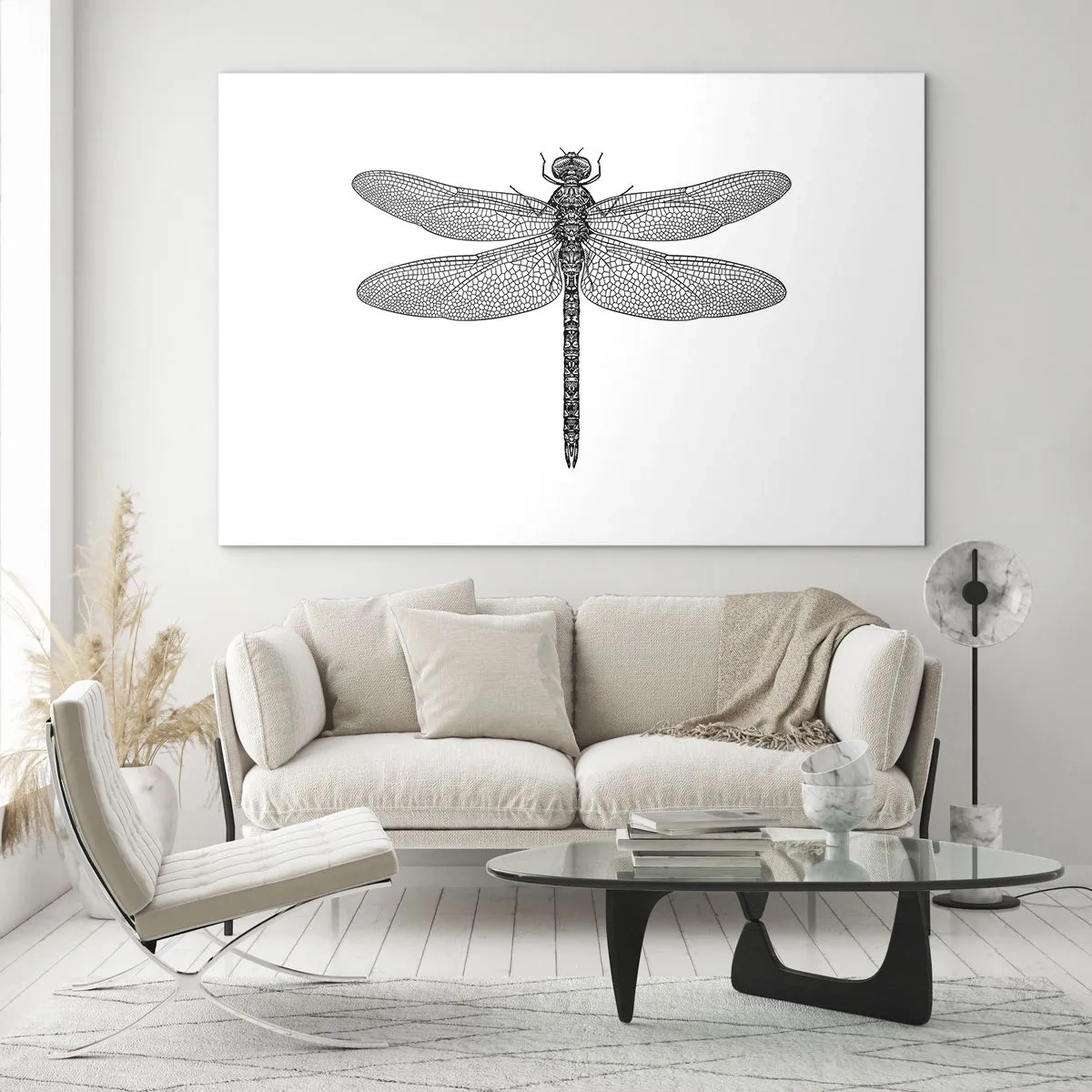 Schilderen op glas - Gedetailleerde illustratie van een libel in graveerstijl op een witte achtergrond - 70x50cm - Precisie van de natuur - Moderne wanddecoratie voor woonkamer en slaapkamer ARTTOR
