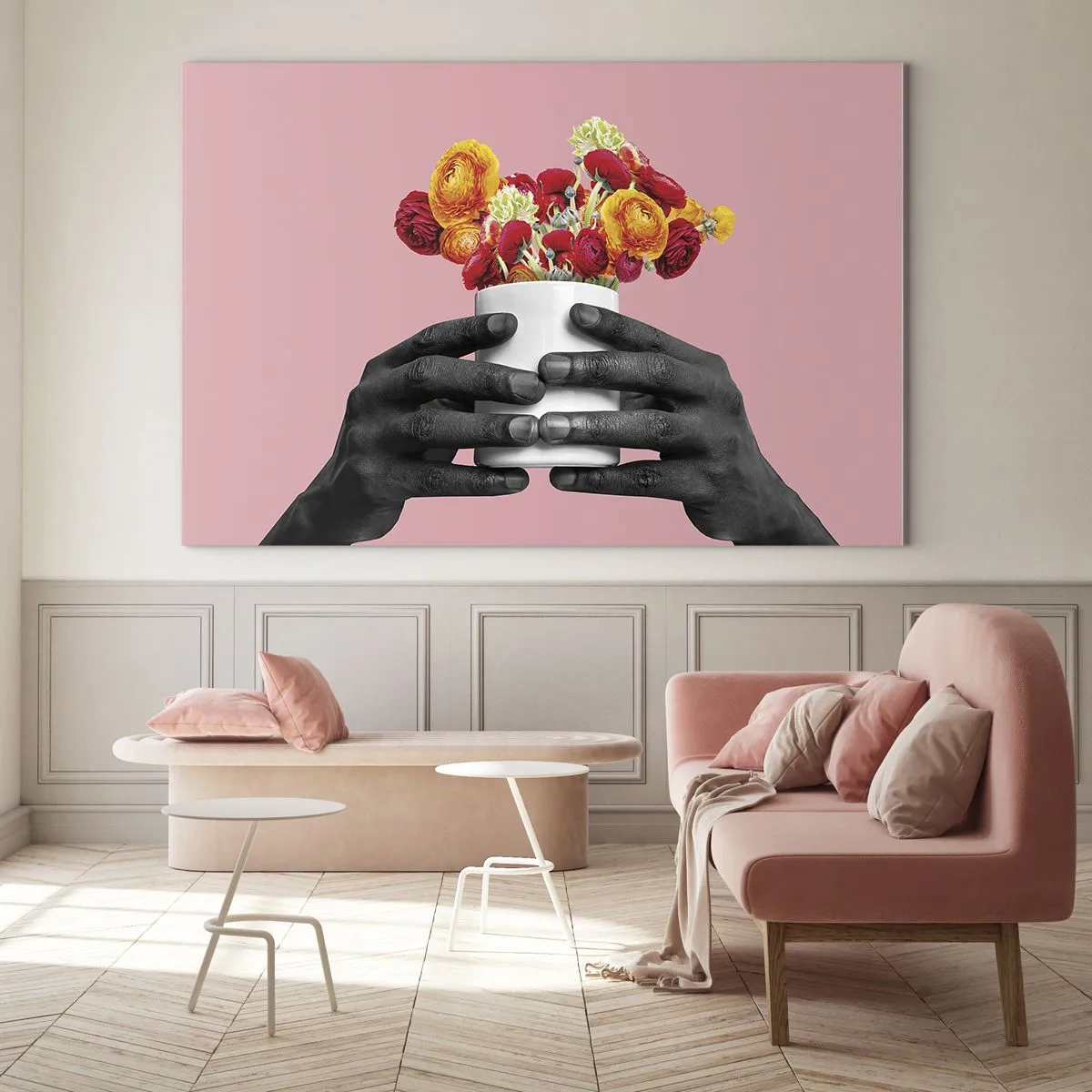 Schilderen op glas - Zwart-witte handen die een kleurrijk boeket bloemen vasthouden - 70x50cm - De apotheose van het leven - Moderne wanddecoratie voor woonkamer en slaapkamer ARTTOR