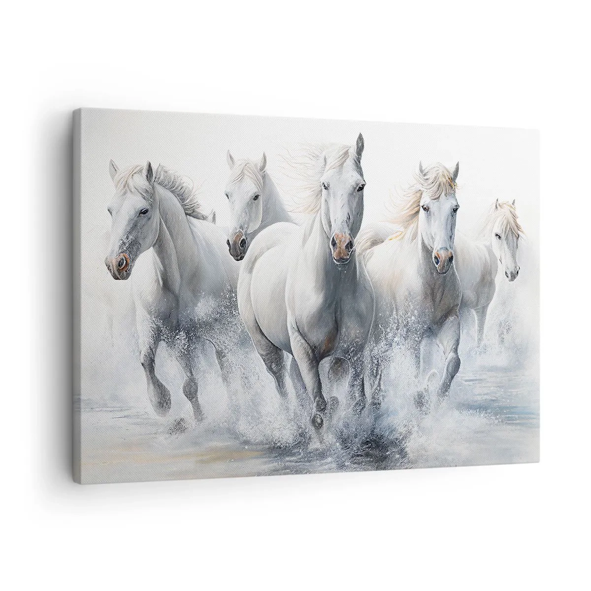 Schilderen op canvas - Witte paarden galopperen door het water - 70x50cm - Witte magie - Moderne wanddecoratie voor woonkamer en slaapkamer ARTTOR