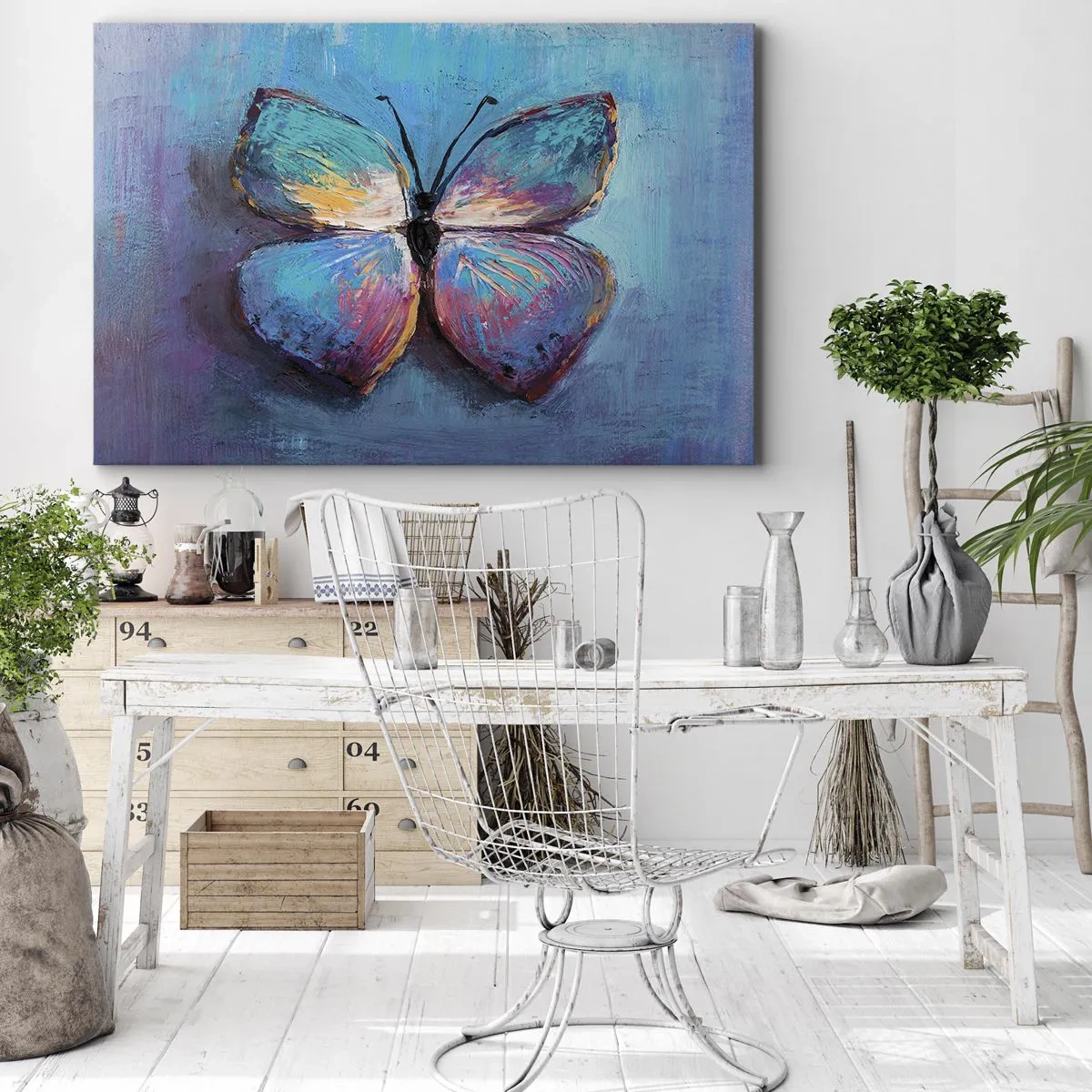 Schilderen op canvas - Kleurrijke vlinder op een blauwe achtergrond - 70x50cm - In al zijn glorie - Moderne wanddecoratie voor woonkamer en slaapkamer ARTTOR