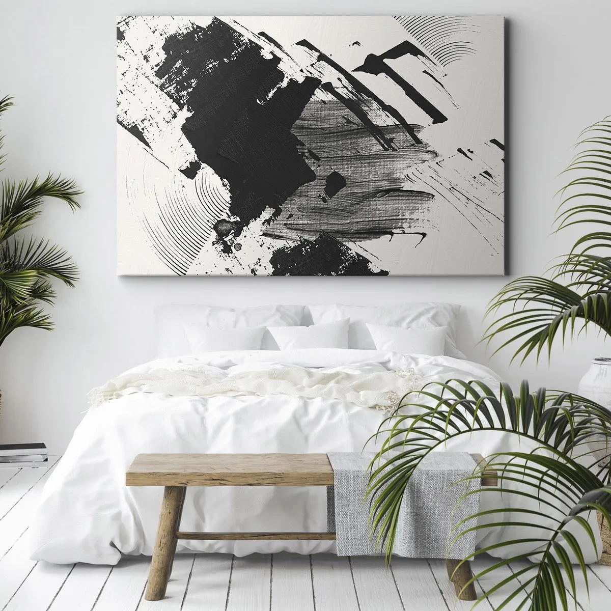 Schilderen op canvas - Abstracte zwarte strepen op een witte achtergrond - 70x50cm - Abstractie – expressie van zwart - Moderne wanddecoratie voor woonkamer en slaapkamer ARTTOR