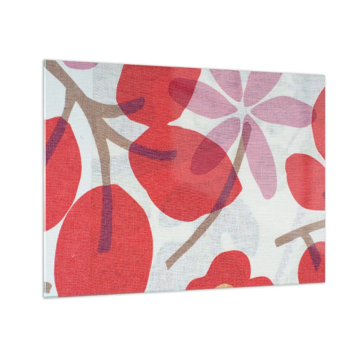 Schilderen op glas - Roze en rode bladeren en bloemen op een lichte achtergrond - 70x50cm - Bloemstuk in roze - Moderne wanddecoratie voor woonkamer en slaapkamer ARTTOR