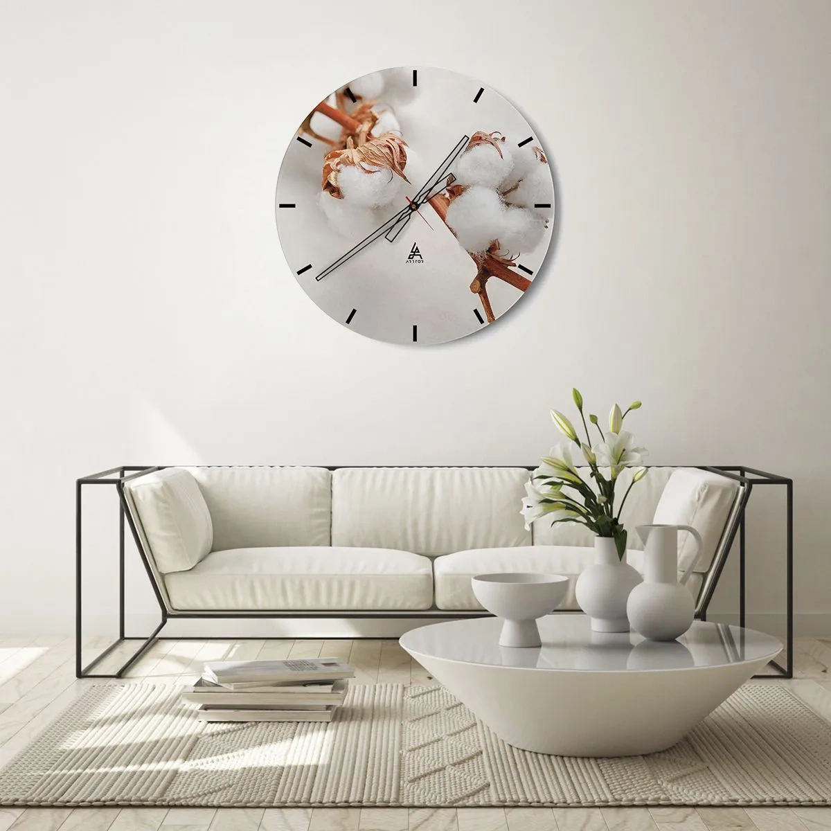 Wandklok - Klok - Witte pluizige katoenen bloemen op een lichte achtergrond - 30x30cm - Gewoon een knuffel - Moderne wanddecoratie voor woonkamer, keuken en slaapkamer ARTTOR
