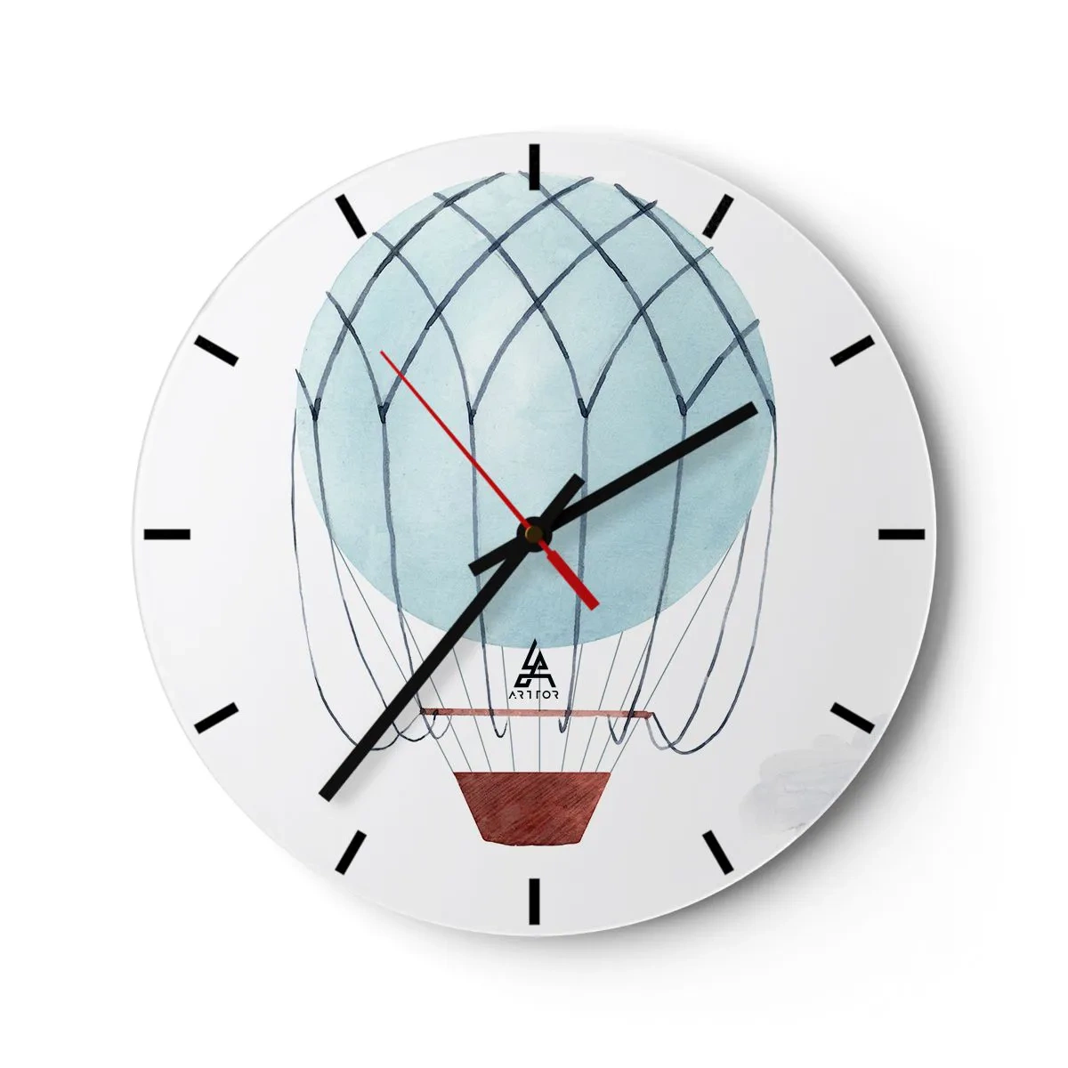 Wandklok - Klok - Illustratie van een blauwe ballon op een witte achtergrond met een mandje - 30x30cm - Hekemaal in de wolken - Moderne wanddecoratie voor woonkamer, keuken en slaapkamer ARTTOR