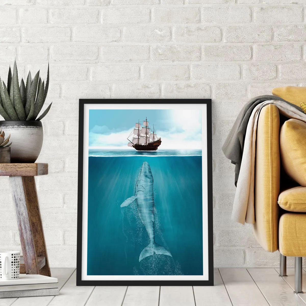 Poster in een zwarte lijst - Een schip op het wateroppervlak met een walvis eronder, in een surrealistische opname - 50x70cm - Het is beter om het niet te weten - Moderne wanddecoratie voor woonkamer en slaapkamer ARTTOR