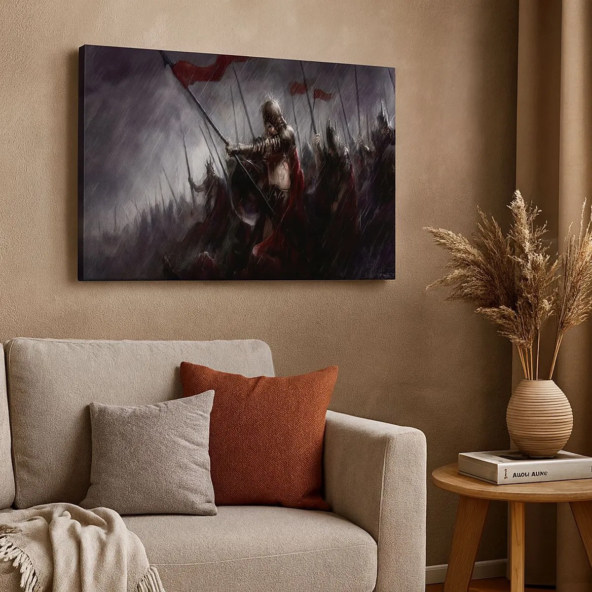 Schilderen op canvas - Ridders marcheren in de regen naar het slagveld - 70x50cm - Voorbijganger, vertel Sparta... - Moderne wanddecoratie voor woonkamer en slaapkamer ARTTOR