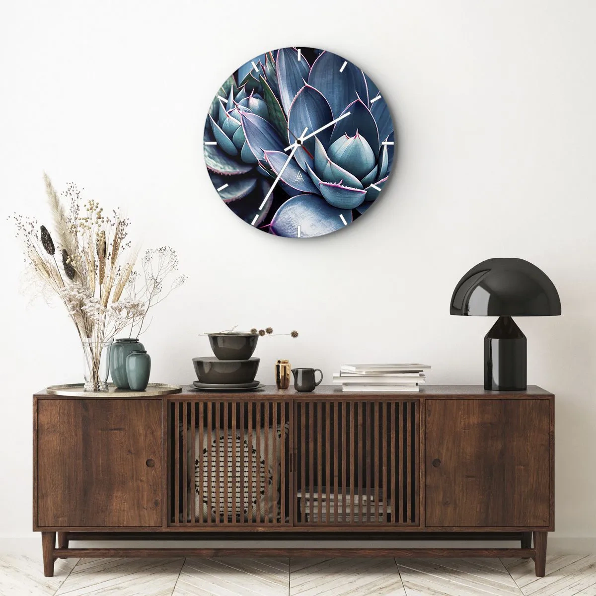 Wandklok - Klok - Weelderige rozetten van vetplanten in tinten turquoise en paars - 30x30cm - Levenskracht - Moderne wanddecoratie voor woonkamer, keuken en slaapkamer ARTTOR