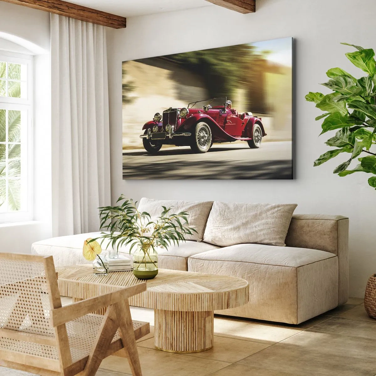 Schilderen op canvas - Rode klassieke auto in beweging op een zonnige straat - 70x50cm - Mooier dan Nike van Samothrace - Moderne wanddecoratie voor woonkamer en slaapkamer ARTTOR