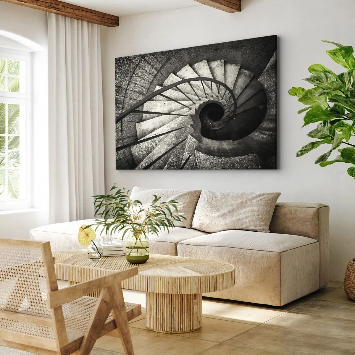 Schilderen op canvas - Zwart-witte wenteltrap in moderne stijl - 70x50cm - De trap op, de trap af - Moderne wanddecoratie voor woonkamer en slaapkamer ARTTOR