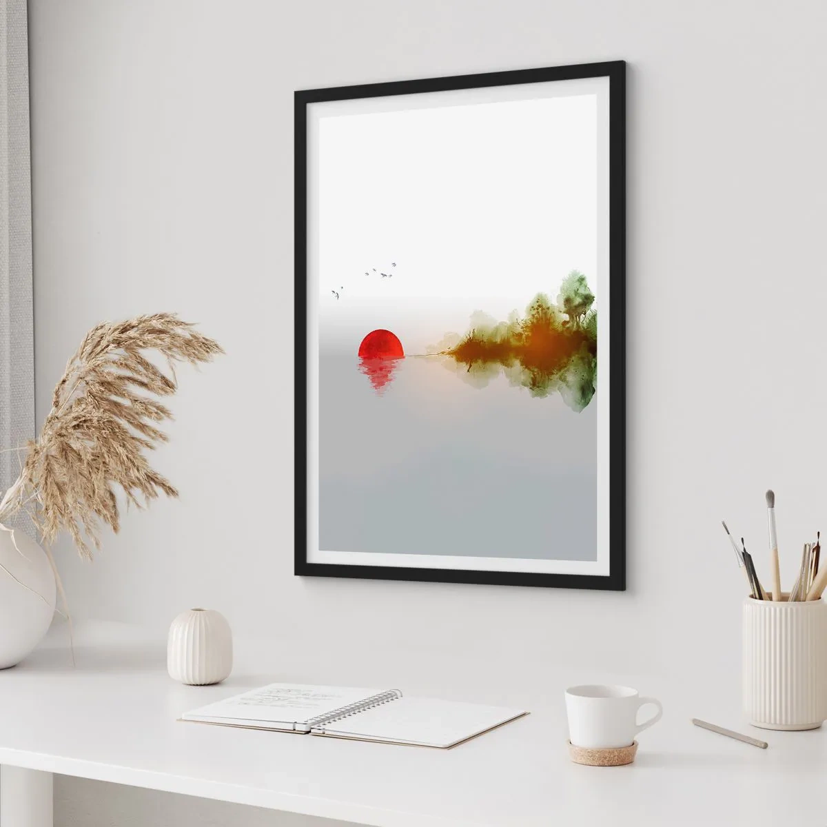 Poster in een zwarte lijst - Een minimalistisch landschap met een rode zon en een meer. - 50x70cm - Een belofte van vrede - Moderne wanddecoratie voor woonkamer en slaapkamer ARTTOR