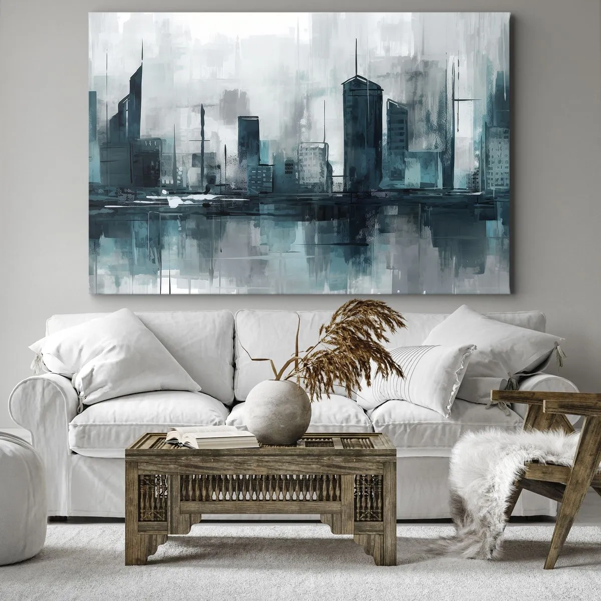 Schilderen op canvas - Een moderne stad in tinten turquoise en grijs - 70x50cm - Een stad in de kleur van regen - Moderne wanddecoratie voor woonkamer en slaapkamer ARTTOR