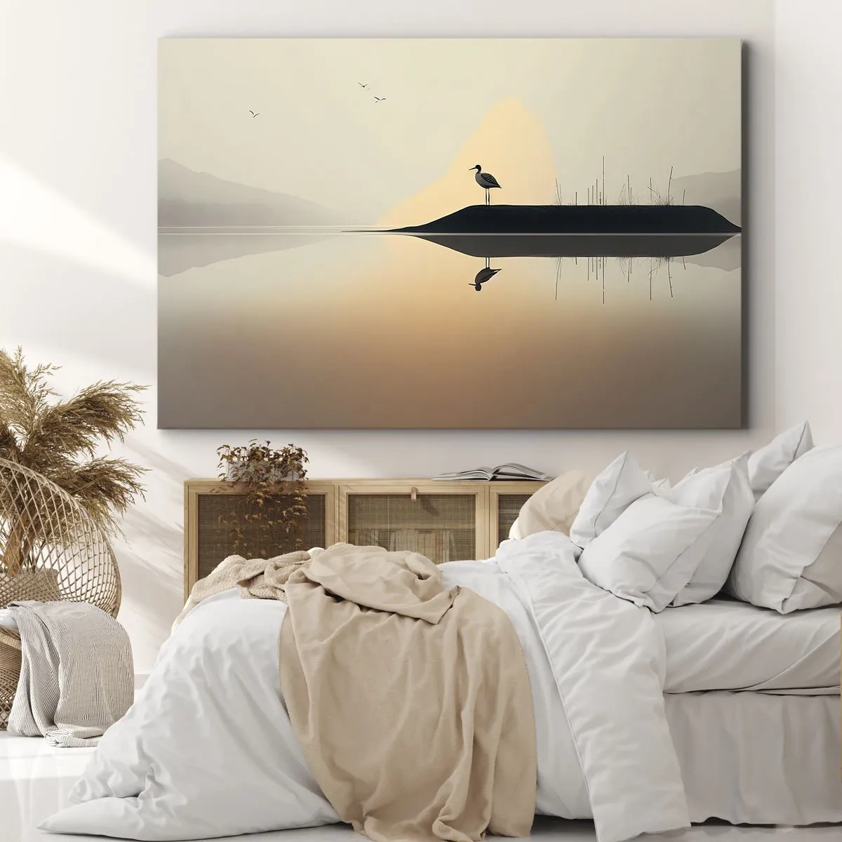 Schilderen op canvas - Een vogel op een eiland in een kalm meer met warme tinten - 70x50cm - Heer op het meer - Moderne wanddecoratie voor woonkamer en slaapkamer ARTTOR