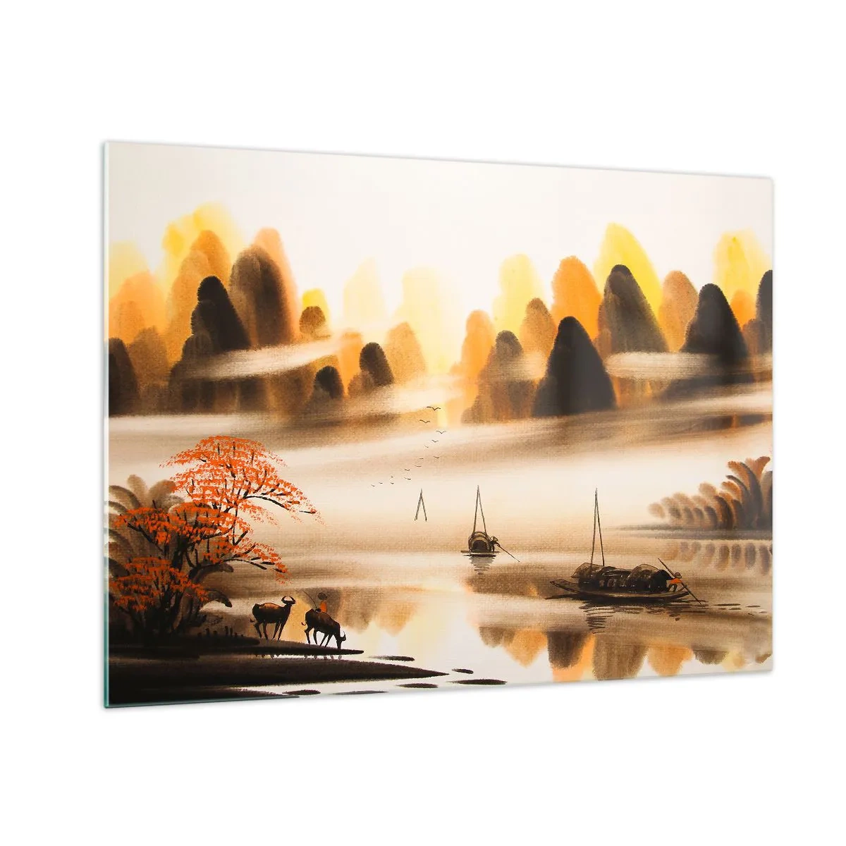 Schilderen op glas - Oosters landschap met boten en bergen in de mist - 70x50cm - Verder dan het Verre Oosten - Moderne wanddecoratie voor woonkamer en slaapkamer ARTTOR