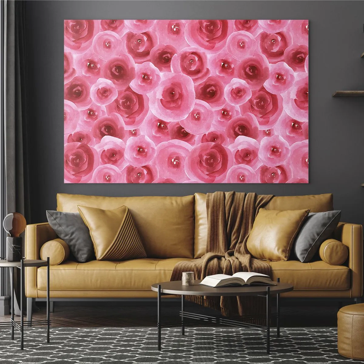 Schilderen op glas - Aquarel rozenpatroon in tinten rood en roze - 70x50cm - Rozen onder en boven - Moderne wanddecoratie voor woonkamer en slaapkamer ARTTOR