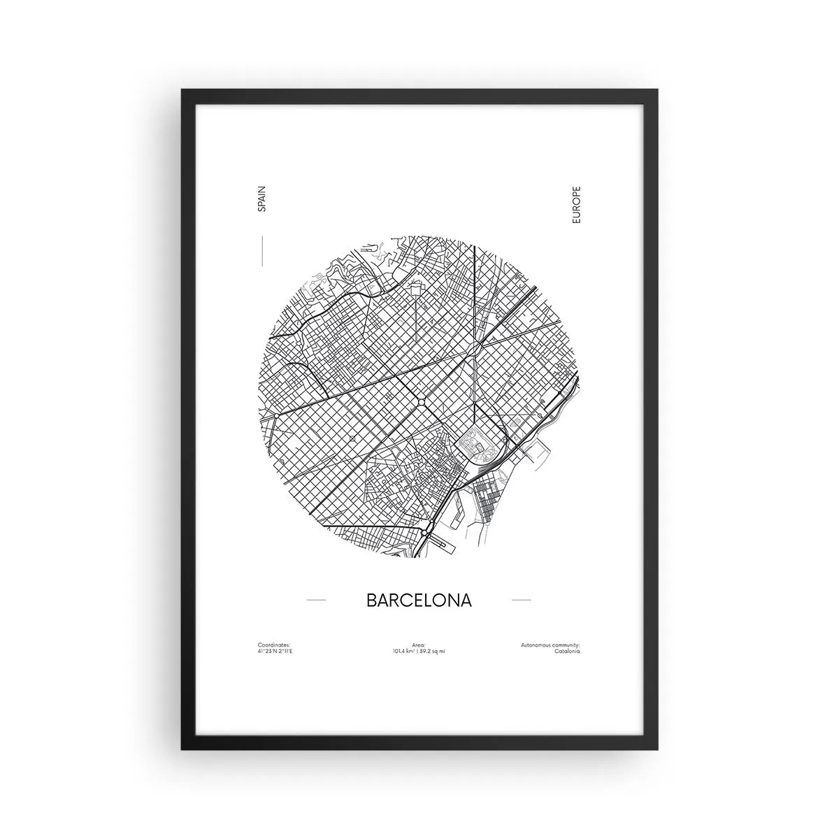 Poster in een zwarte lijst - Een minimalistische kaart van Barcelona in zwart-wit. - 50x70cm - Anatomie van Barcelona - Moderne wanddecoratie voor woonkamer en slaapkamer ARTTOR