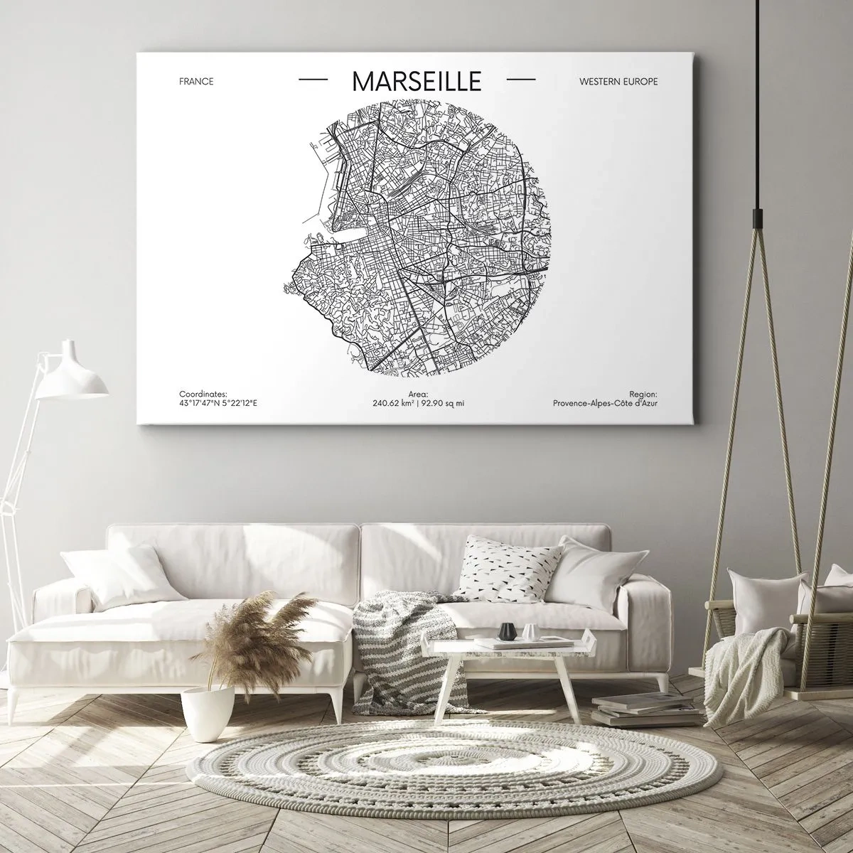 Schilderen op canvas - Kaart van Marseille in minimalistische stijl - 70x50cm - Anatomie van Marseille - Moderne wanddecoratie voor woonkamer en slaapkamer ARTTOR