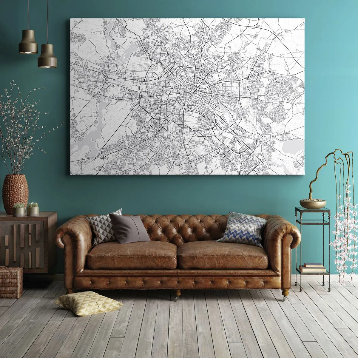 Schilderen op canvas - Gedetailleerde zwart-wit stadskaart - 70x50cm - Berlijnse bloem - Moderne wanddecoratie voor woonkamer en slaapkamer ARTTOR