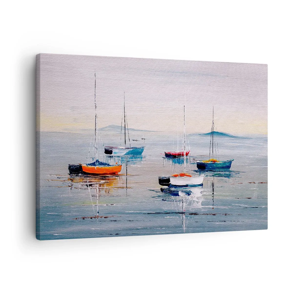 Schilderen op canvas - Kleurrijke boten op kalm water - 70x50cm - Een welverdiende rust - Moderne wanddecoratie voor woonkamer en slaapkamer ARTTOR