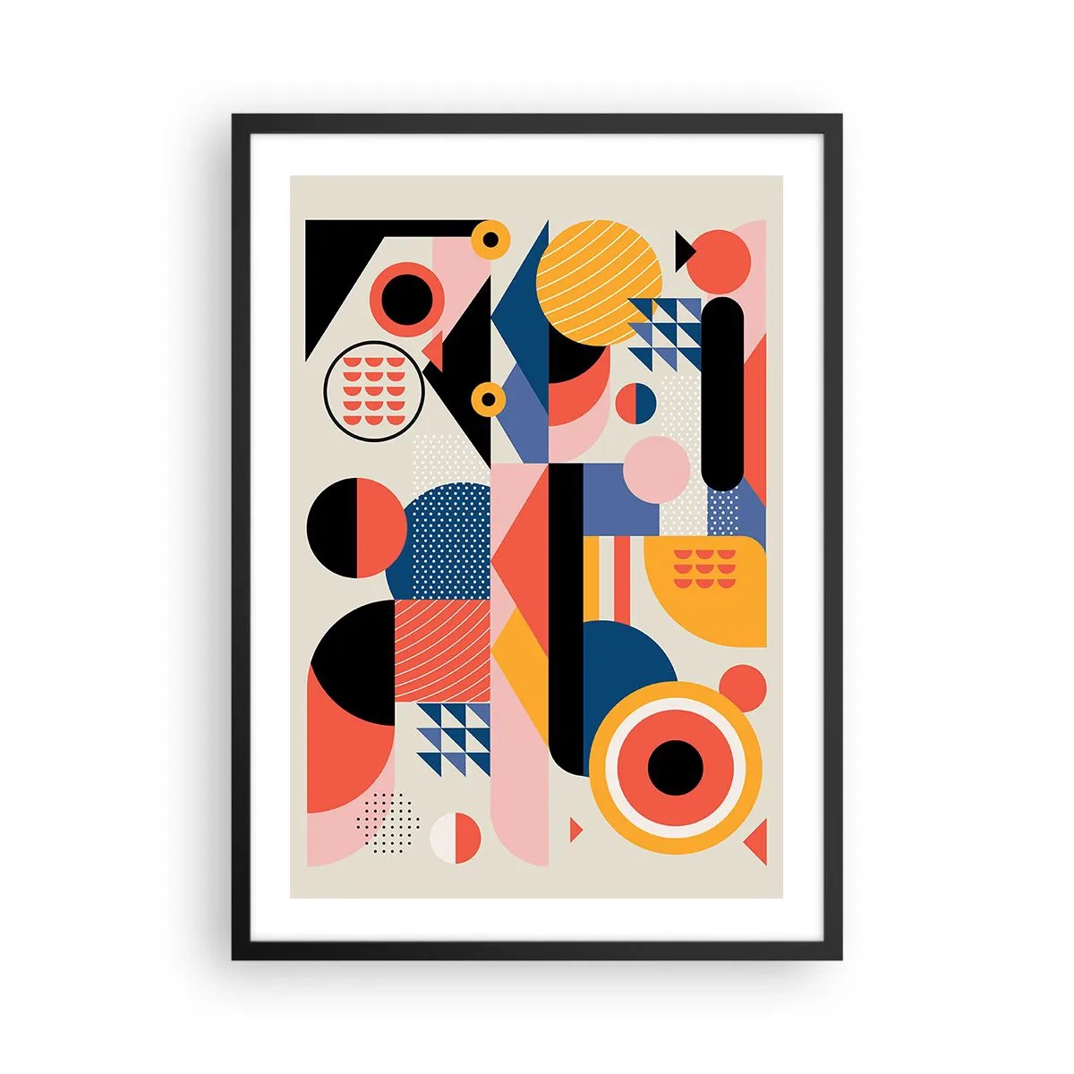 Poster in een zwarte lijst - Kleurrijke geometrische abstractie met dynamische vormen - 50x70cm - Compositie: speel rond - Moderne wanddecoratie voor woonkamer en slaapkamer ARTTOR