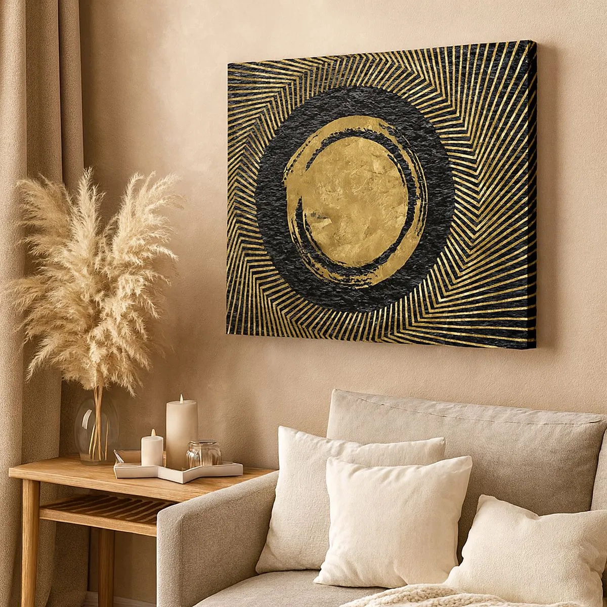 Schilderen op canvas - Geometrische compositie in zwart en goud met stralen - 70x50cm - Glamour-compositie - Moderne wanddecoratie voor woonkamer en slaapkamer ARTTOR