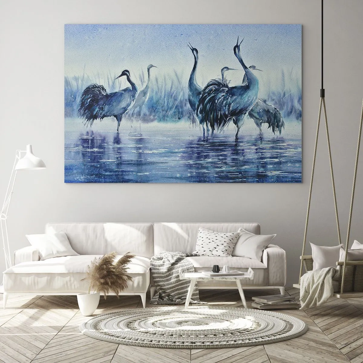 Schilderen op glas - Vogels waden in blauw water - 70x50cm - Ochtendvergadering - Moderne wanddecoratie voor woonkamer en slaapkamer ARTTOR