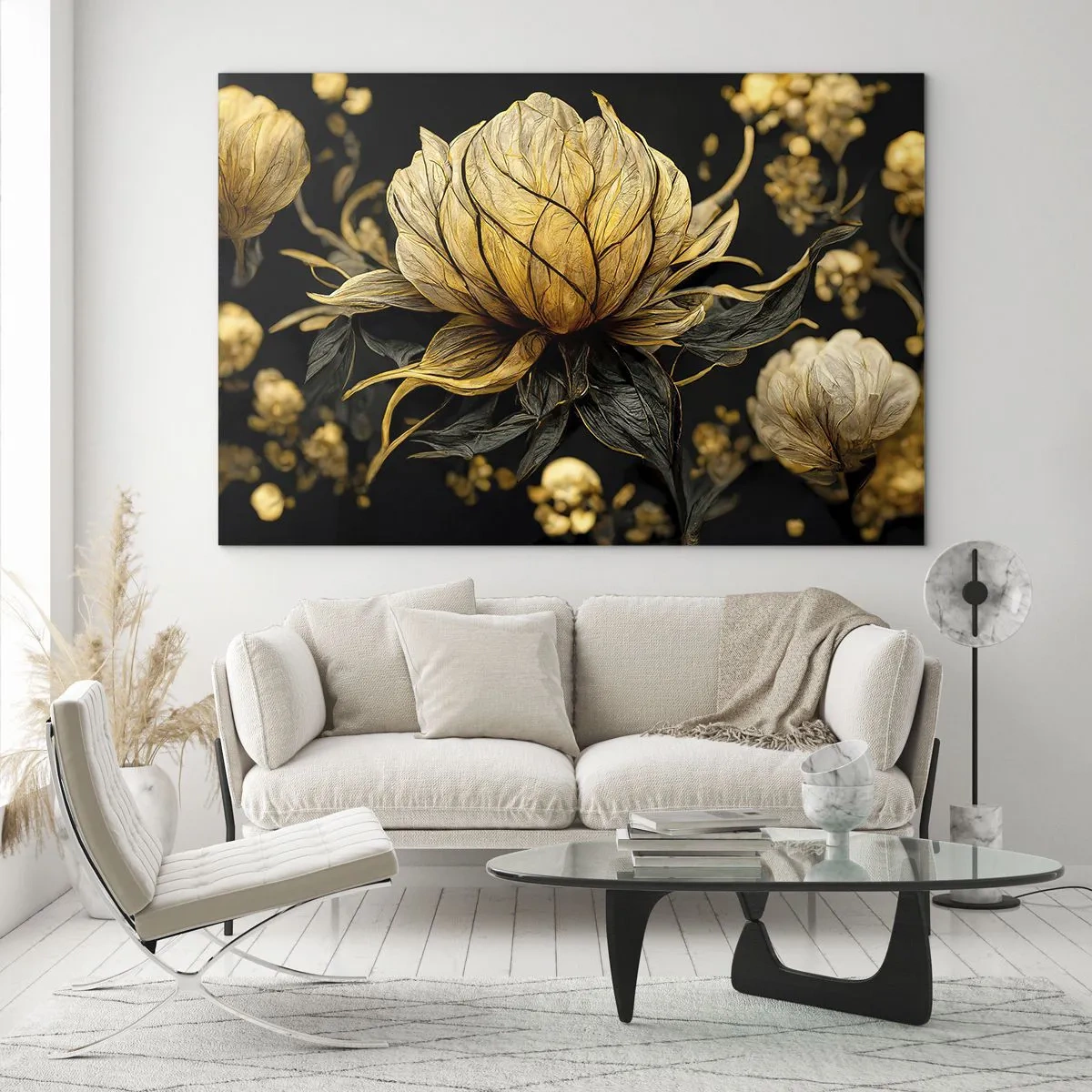 Schilderen op glas - Gouden bloemen op een zwarte achtergrond in een elegante compositie - 70x50cm - Subtiele kwetsbaarheid - Moderne wanddecoratie voor woonkamer en slaapkamer ARTTOR