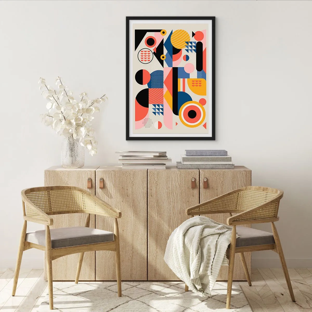 Poster in een zwarte lijst - Kleurrijke geometrische abstractie met dynamische vormen - 50x70cm - Compositie: speel rond - Moderne wanddecoratie voor woonkamer en slaapkamer ARTTOR