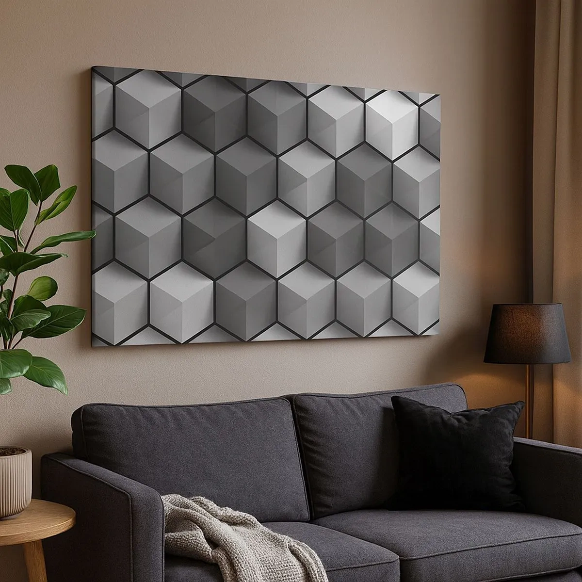 Schilderen op canvas - Geometrische compositie van kubussen in tinten grijs en zwart - 70x50cm - Kubistische puzzel - Moderne wanddecoratie voor woonkamer en slaapkamer ARTTOR