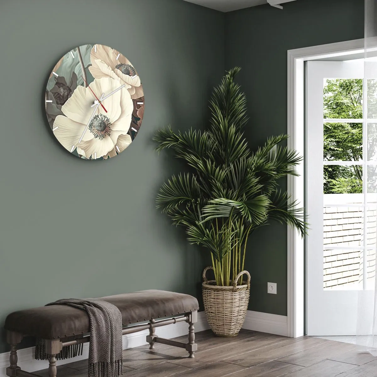 Wandklok - Klok - Crèmekleurige klaprozen tegen een achtergrond van bladeren in een gedempt pastelpalet - 30x30cm - Het gefluister van klaprozen - Moderne wanddecoratie voor woonkamer, keuken en slaapkamer ARTTOR