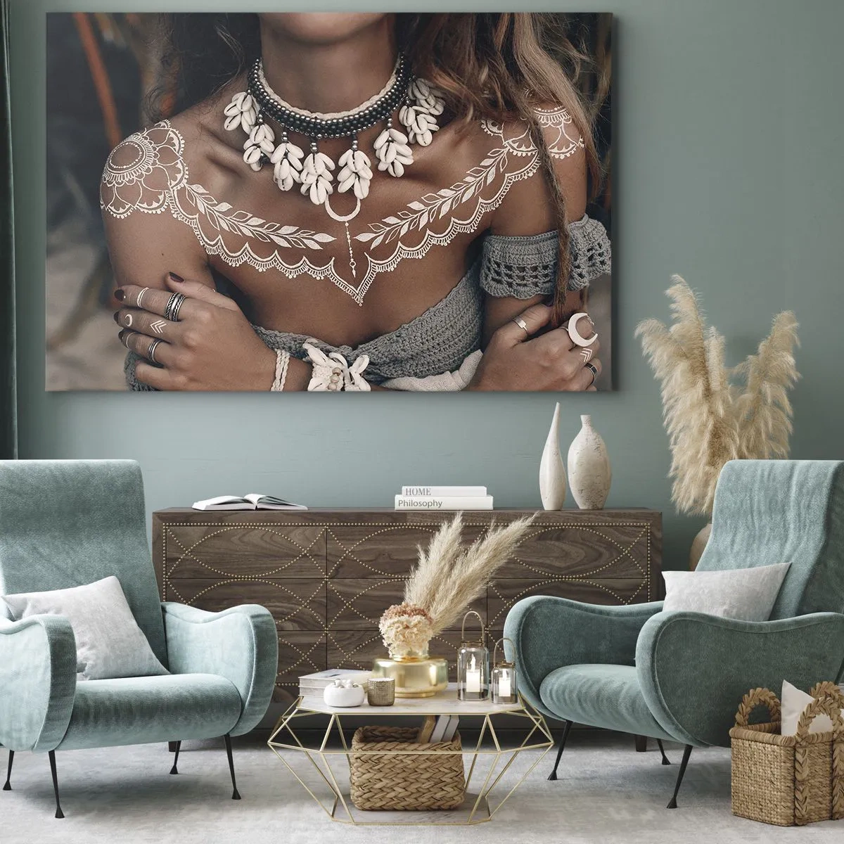 Schilderen op canvas - Boho-stijl met schelpensieraden en een kantpatroon - 70x50cm - Talismannen, rituelen van vrouwelijkheid - Moderne wanddecoratie voor woonkamer en slaapkamer ARTTOR