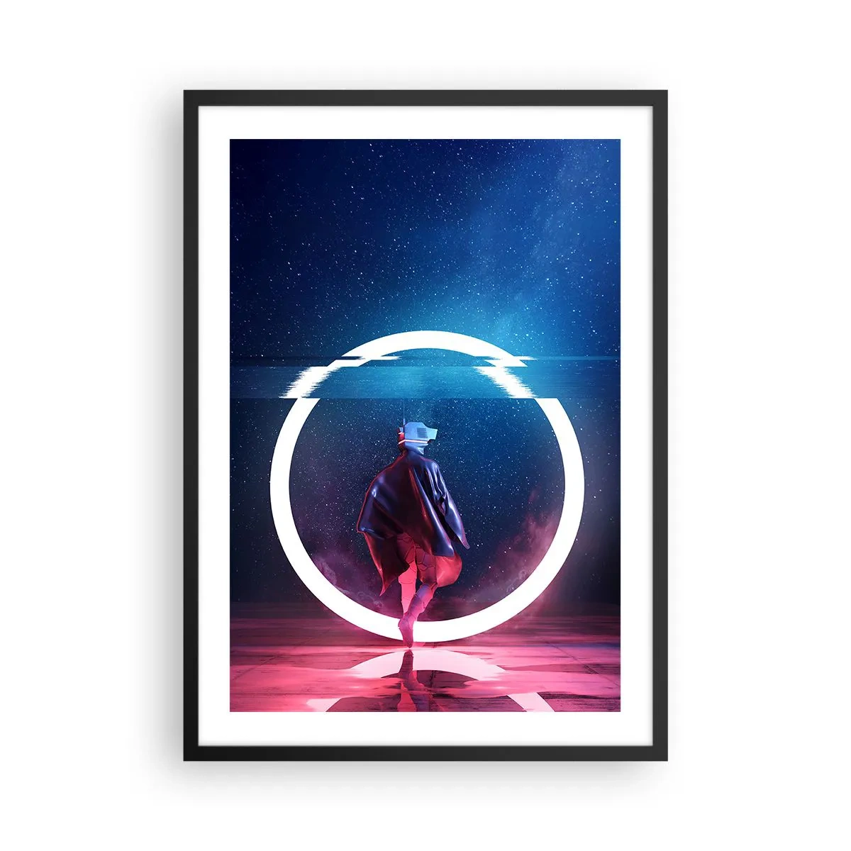 Poster in een zwarte lijst - Een figuur in een futuristische outfit en een VR-bril tegen de achtergrond van een lichtcirkel - 50x70cm - Tussen werelden - Moderne wanddecoratie voor woonkamer en slaapkamer ARTTOR