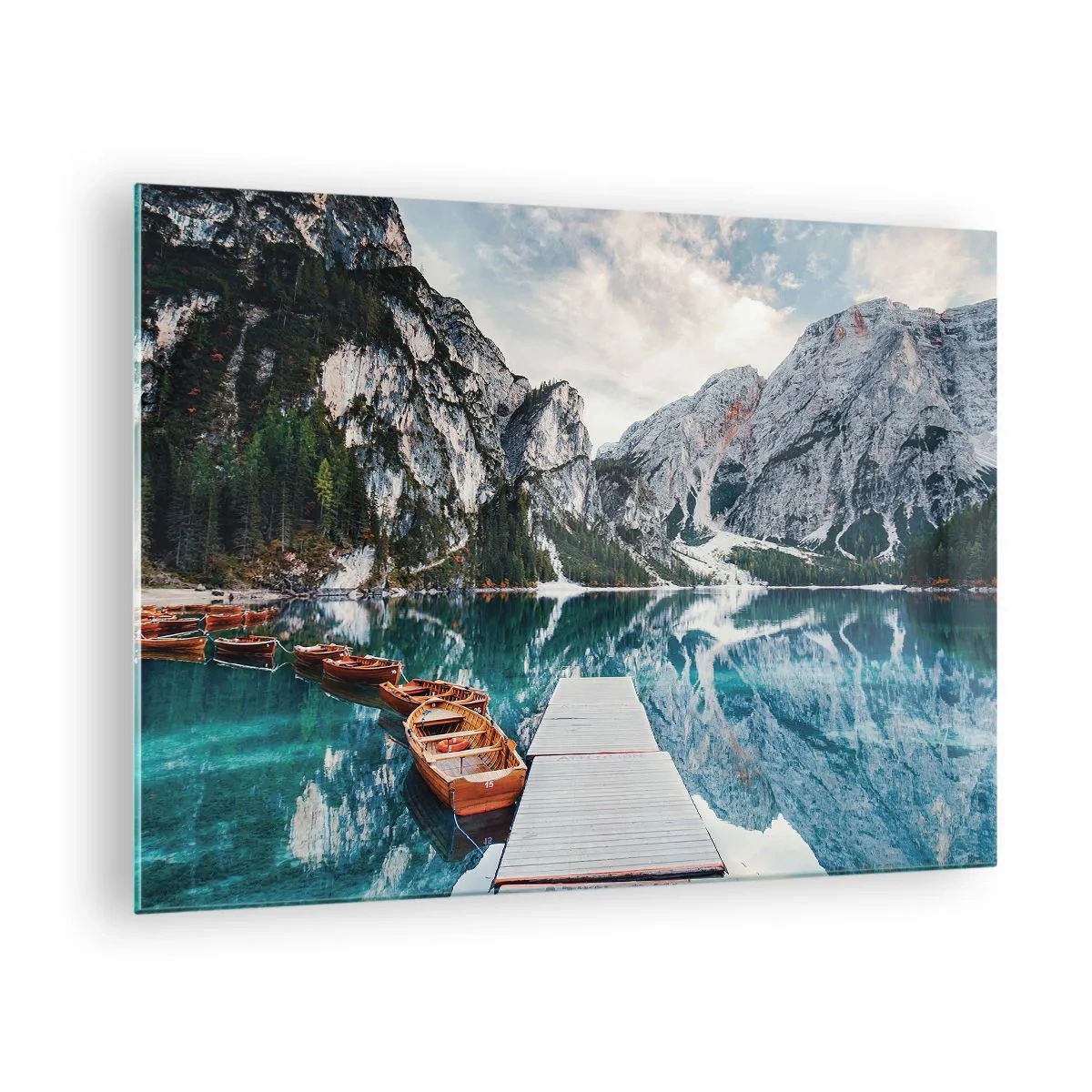 Schilderen op glas - Een houten brug over een turquoise meer in de bergen - 70x50cm - We zullen je schoonheid laten zien - Moderne wanddecoratie voor woonkamer en slaapkamer ARTTOR