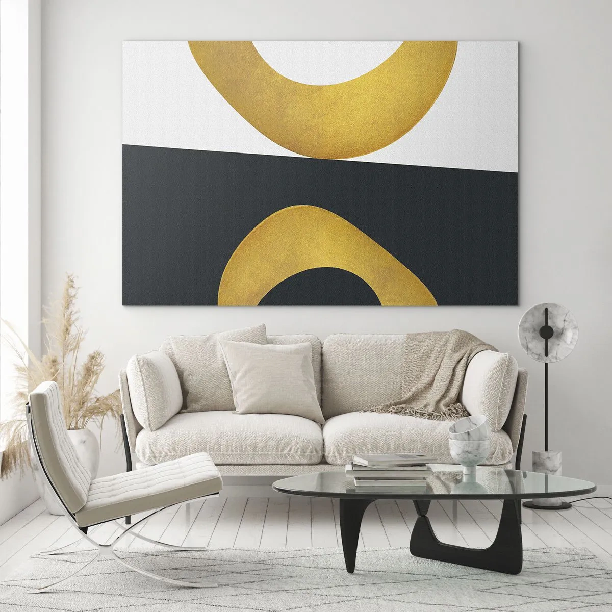 Schilderen op glas - Gouden geometrische vormen op een witte en zwarte achtergrond - 70x50cm - Ten eerste: goud - Moderne wanddecoratie voor woonkamer en slaapkamer ARTTOR