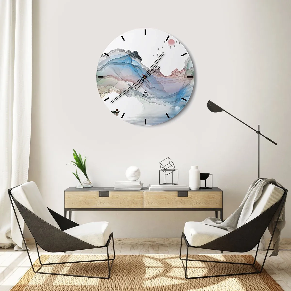 Wandklok - Klok - Kleurrijke, etherische bergen met een boot op het wateroppervlak - 30x30cm - Op weg naar de kristallen bergen - Moderne wanddecoratie voor woonkamer, keuken en slaapkamer ARTTOR