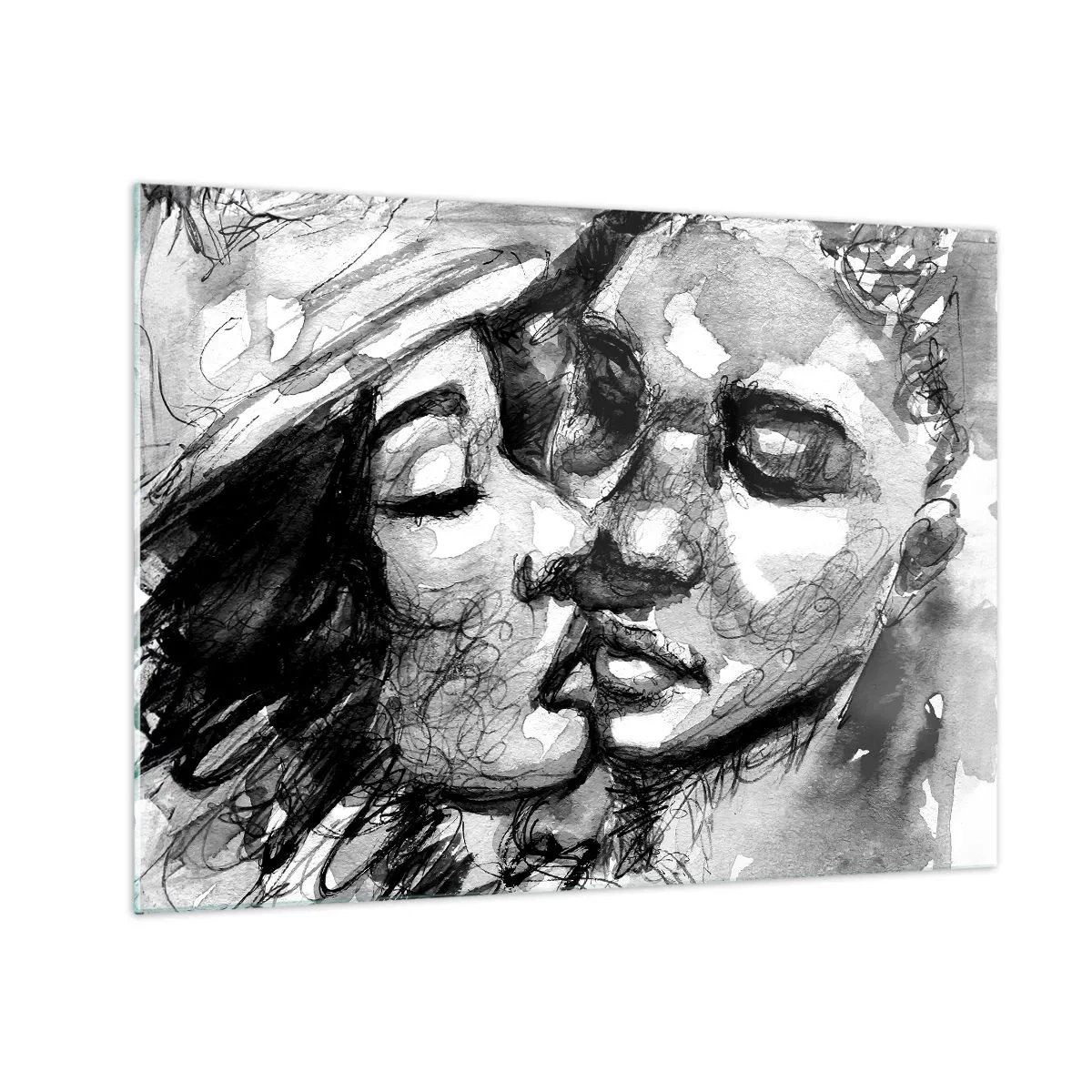 Schilderen op glas - Zwart-wit schets van een tedere kus - 70x50cm - Een teder moment - Moderne wanddecoratie voor woonkamer en slaapkamer ARTTOR