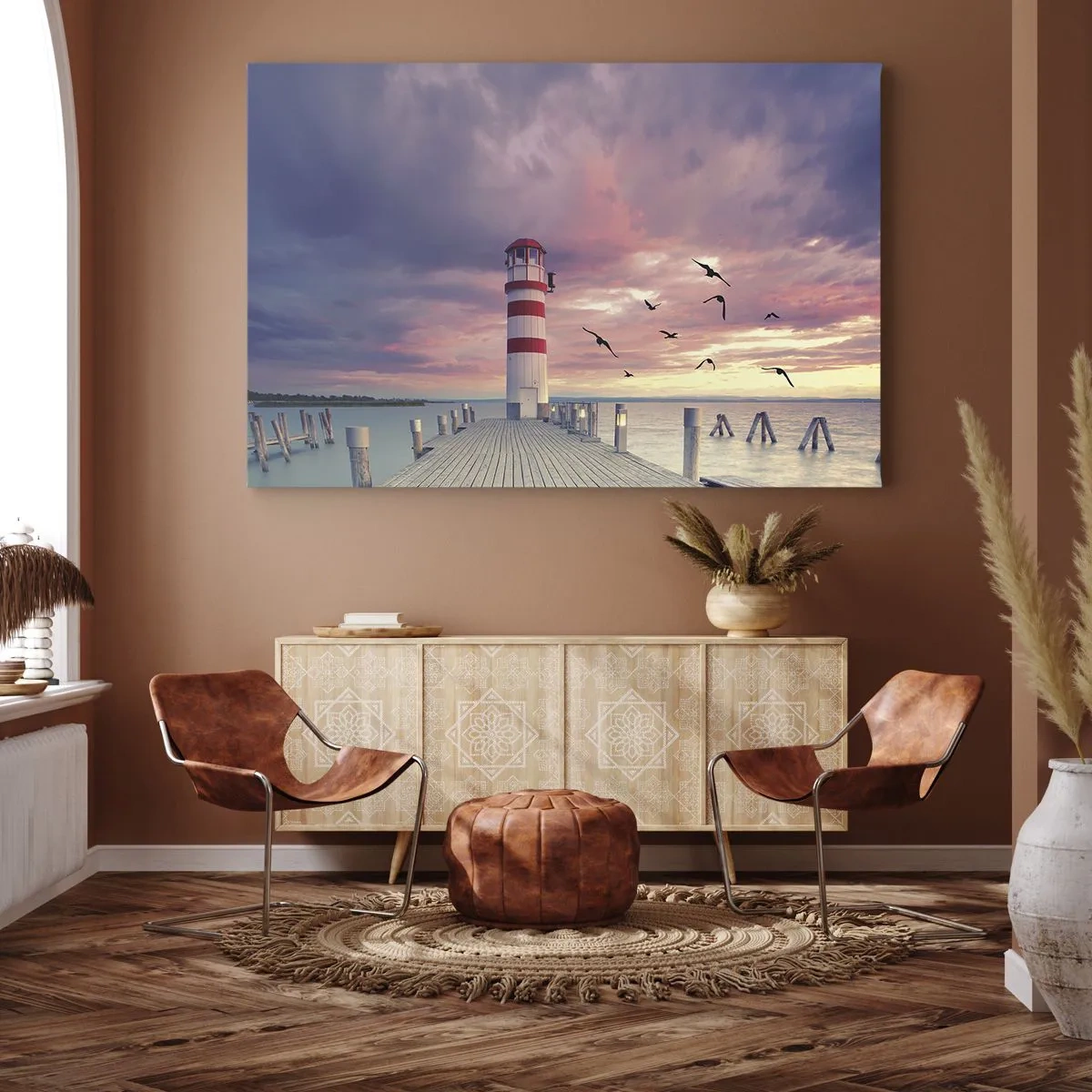 Schilderen op canvas - Een vuurtoren op de pier, omringd door een schilderachtige zonsondergang - 70x50cm - Het is tijd naar de haven te gaan - Moderne wanddecoratie voor woonkamer en slaapkamer ARTTOR