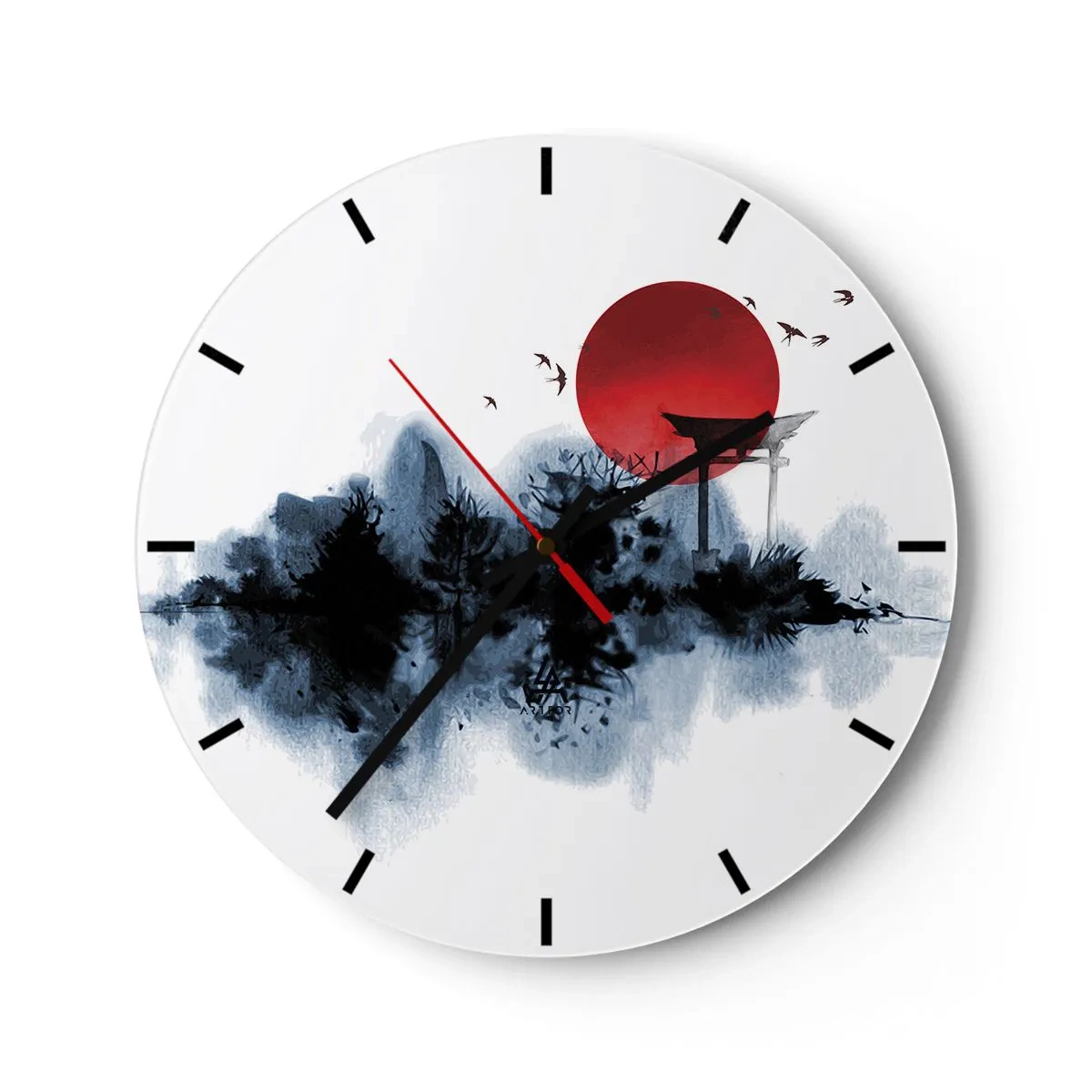 Wandklok - Klok - Een rode zonnebal en een Japanse toriipoort boven het water - 30x30cm - Japanse weergave - Moderne wanddecoratie voor woonkamer, keuken en slaapkamer ARTTOR