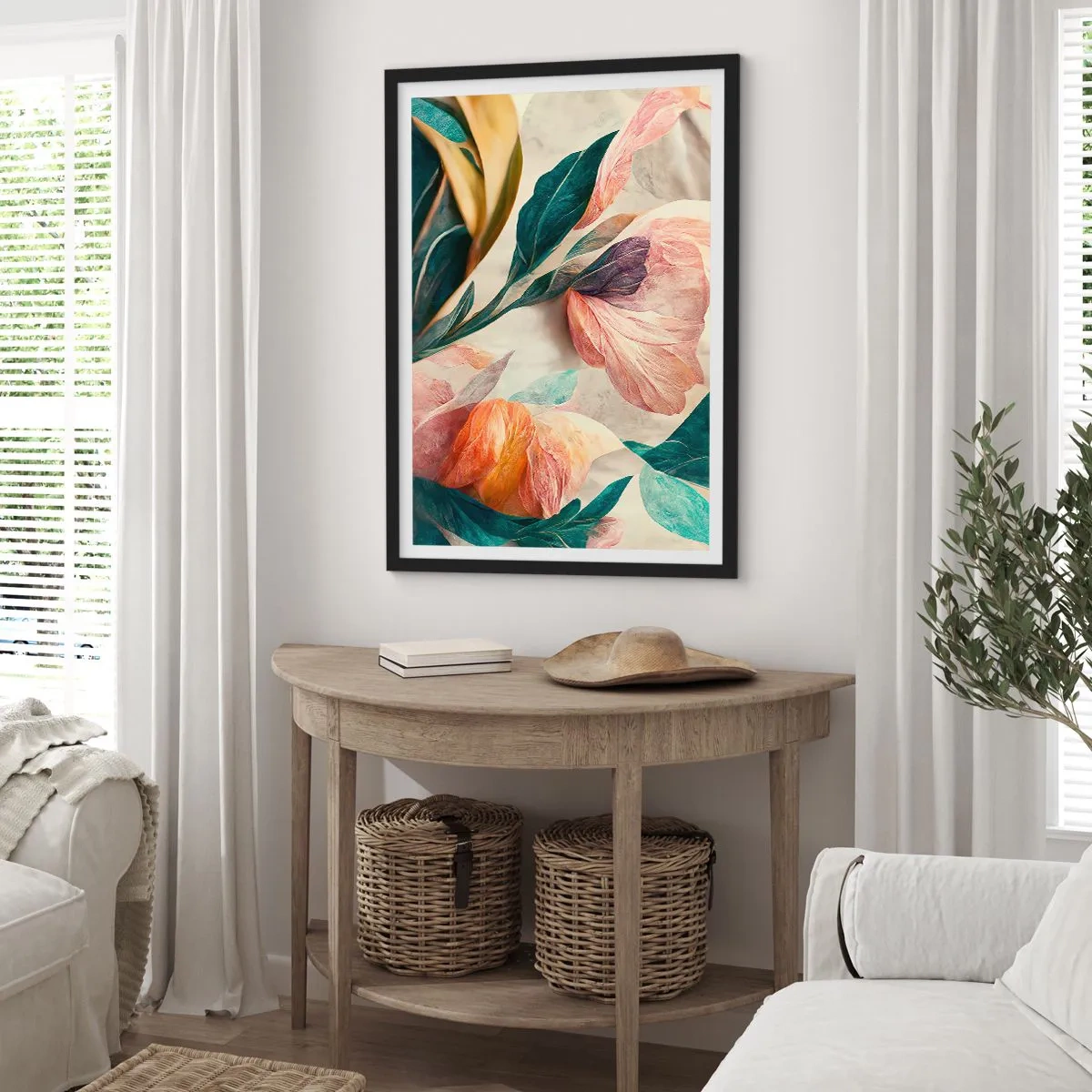 Poster in een zwarte lijst - Kleurrijke bloemen en bladeren in een artistieke compositie - 50x70cm - Bloemen van de zuidelijke eilanden - Moderne wanddecoratie voor woonkamer en slaapkamer ARTTOR
