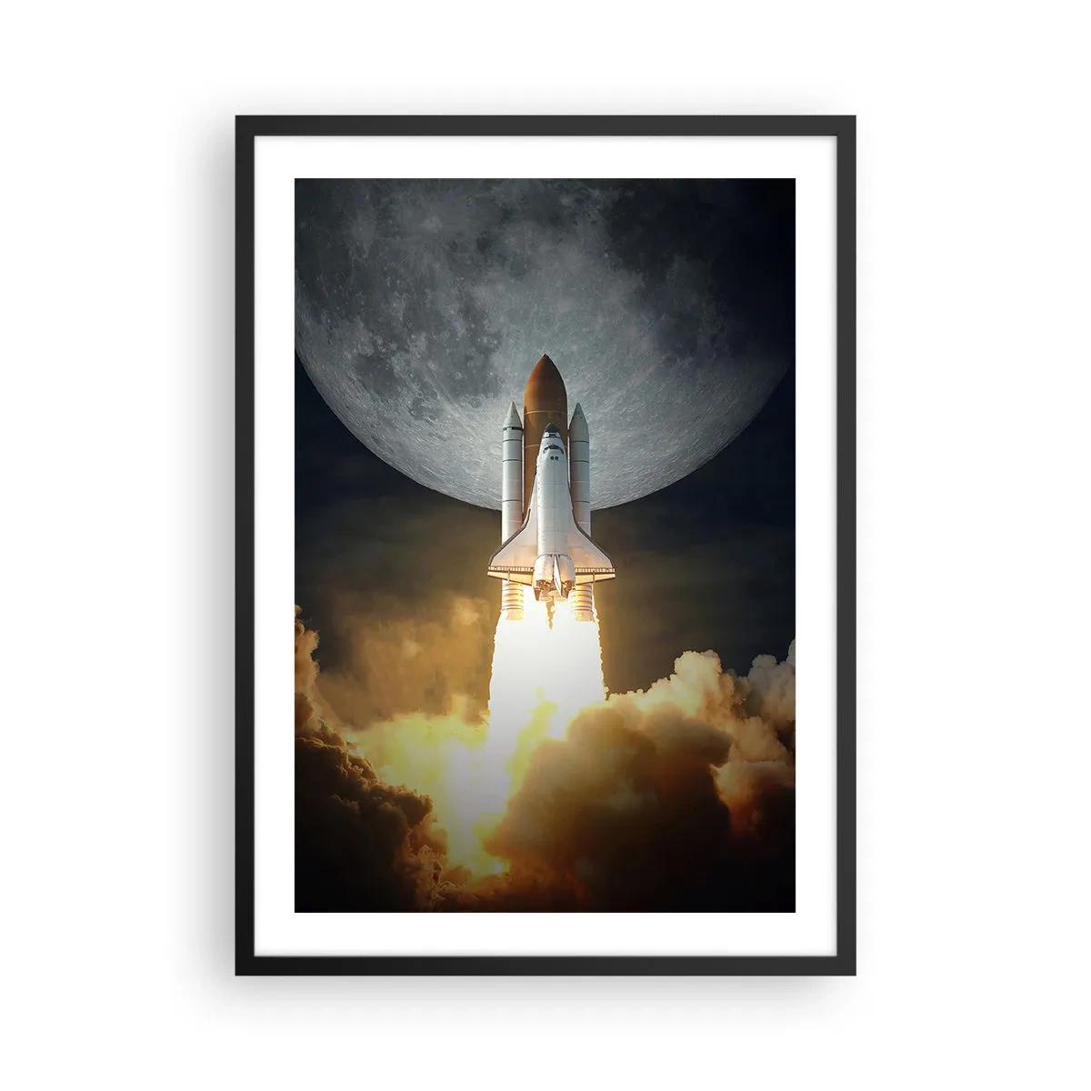 Poster in een zwarte lijst - Lancering van de Space Shuttle met de maan op de achtergrond - 50x70cm - Het begin van een onaards avontuur - Moderne wanddecoratie voor woonkamer en slaapkamer ARTTOR