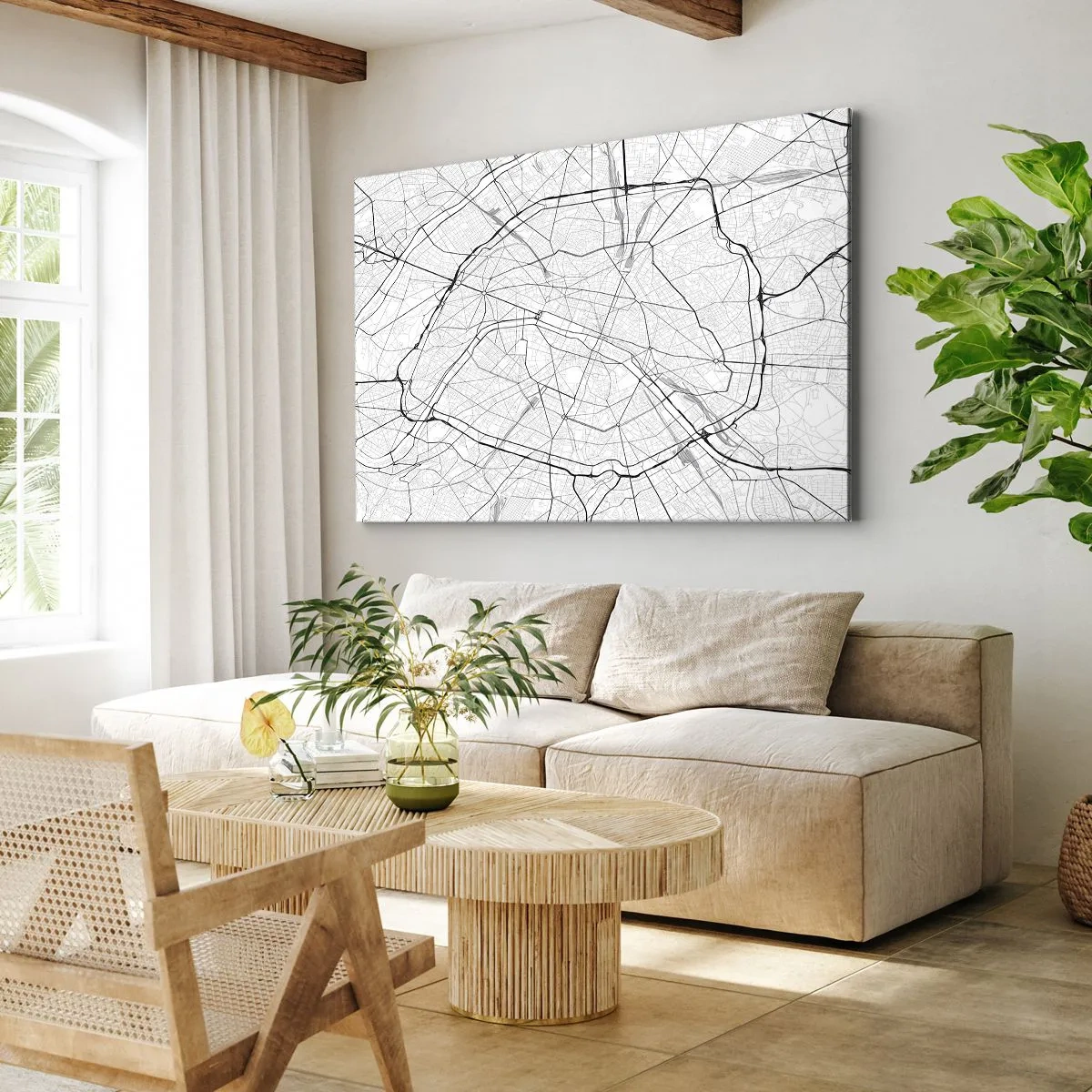 Schilderen op canvas - Minimalistische stadskaart in zwart-wit - 70x50cm - Parijs bloem - Moderne wanddecoratie voor woonkamer en slaapkamer ARTTOR