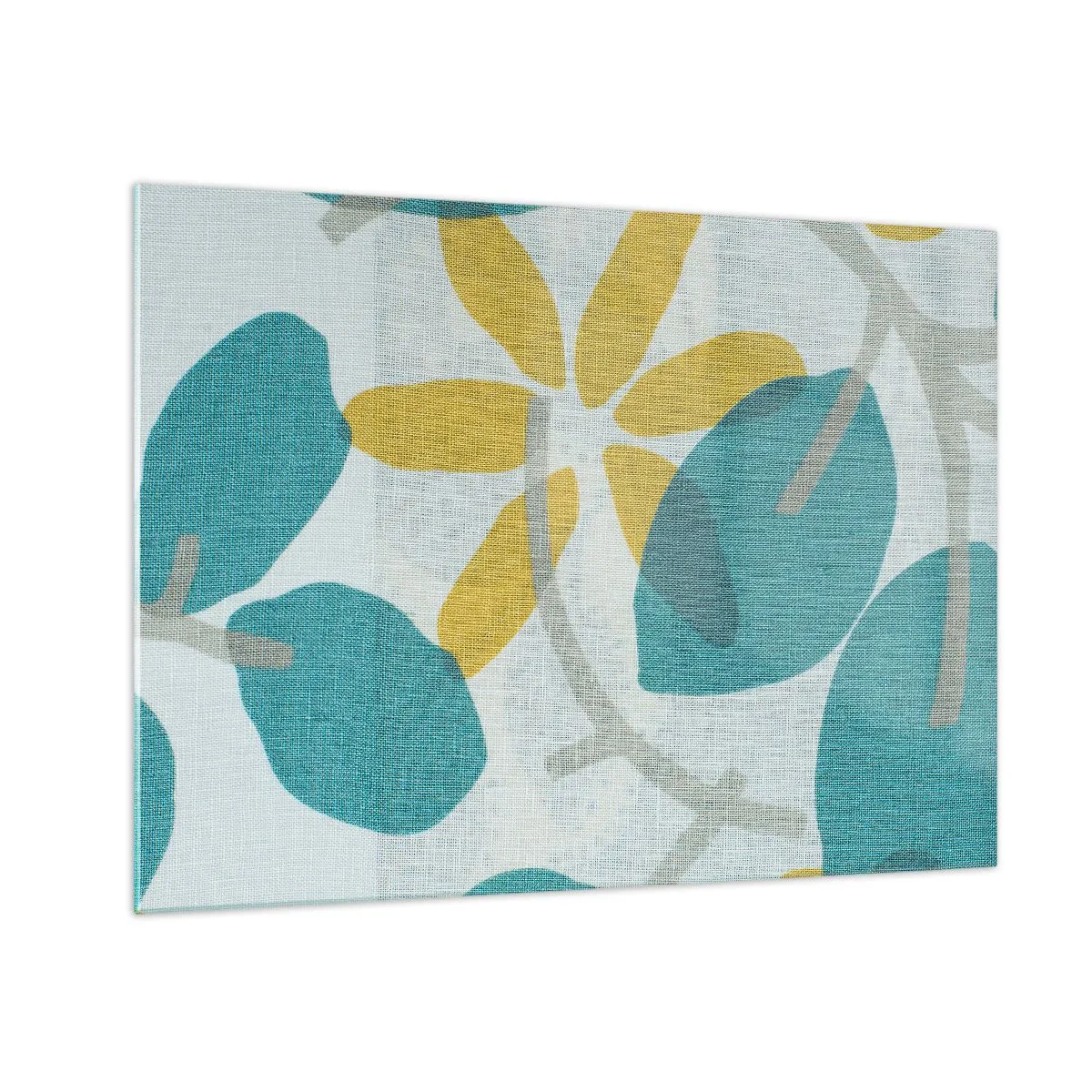 Schilderen op glas - Een plantenafbeelding met azuurblauwe bladeren en gele bloemen - 70x50cm - Tussen de azuurblauwe bladeren - Moderne wanddecoratie voor woonkamer en slaapkamer ARTTOR