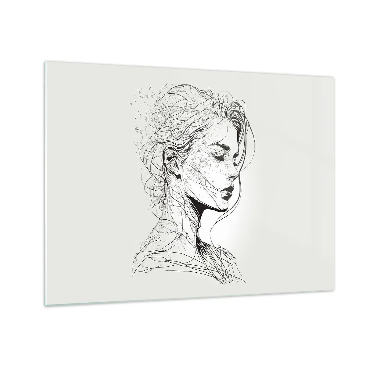 Schilderen op glas - Een zwart-wit schets van een vrouw met haar ogen gesloten in een dunne lijn. - 70x50cm - Portret in gedachten - Moderne wanddecoratie voor woonkamer en slaapkamer ARTTOR