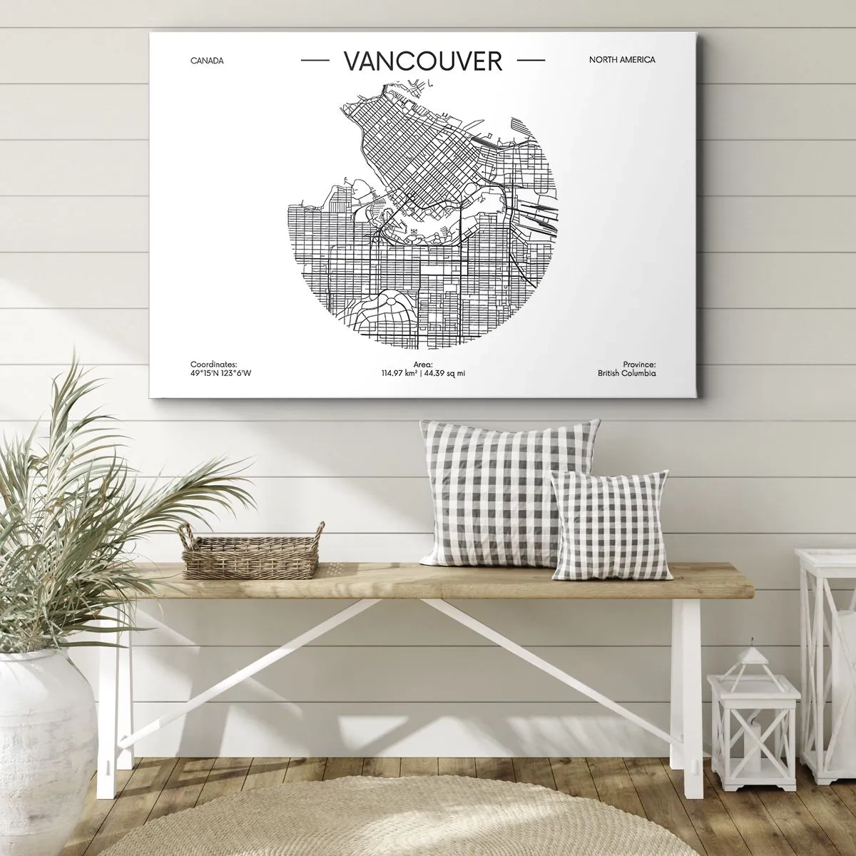 Schilderen op canvas - Een kaart van Vancouver in minimalistische zwart-witstijl - 70x50cm - Anatomie van Vancouver - Moderne wanddecoratie voor woonkamer en slaapkamer ARTTOR