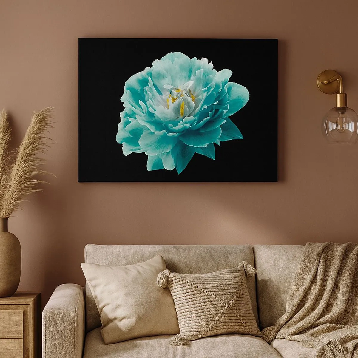 Schilderen op canvas - Turquoise pioenroos op een zwarte achtergrond - 70x50cm - Blauwe en gouden bloemblaadjes - Moderne wanddecoratie voor woonkamer en slaapkamer ARTTOR
