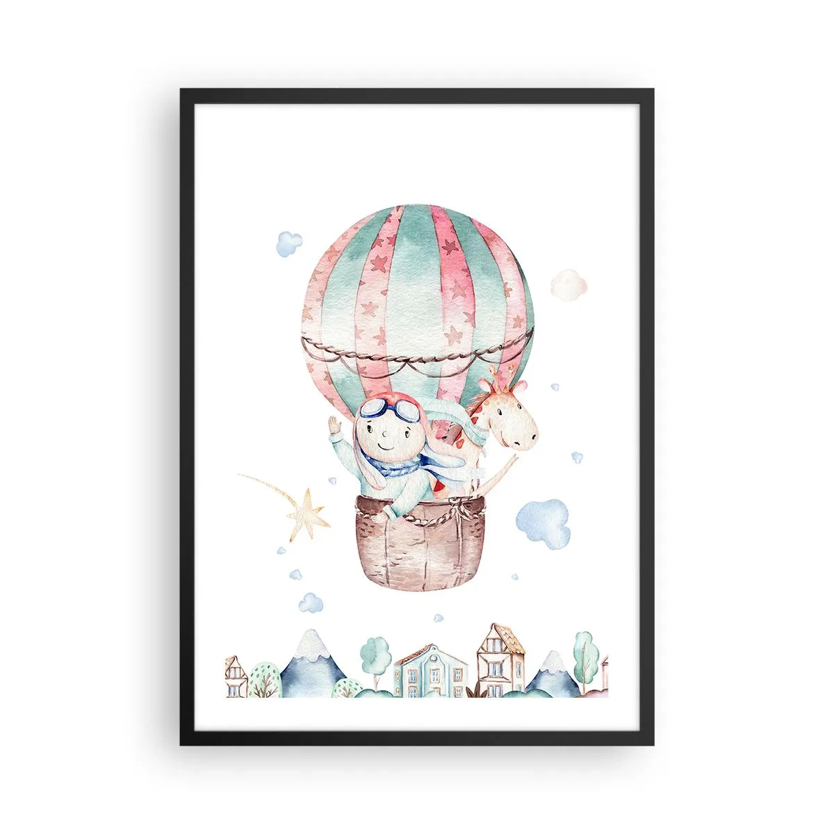 Poster in een zwarte lijst - Een schattige illustratie van een teddybeer die in een ballon over een stad vliegt - 50x70cm - We zijn zo terug! - Moderne wanddecoratie voor woonkamer en slaapkamer ARTTOR