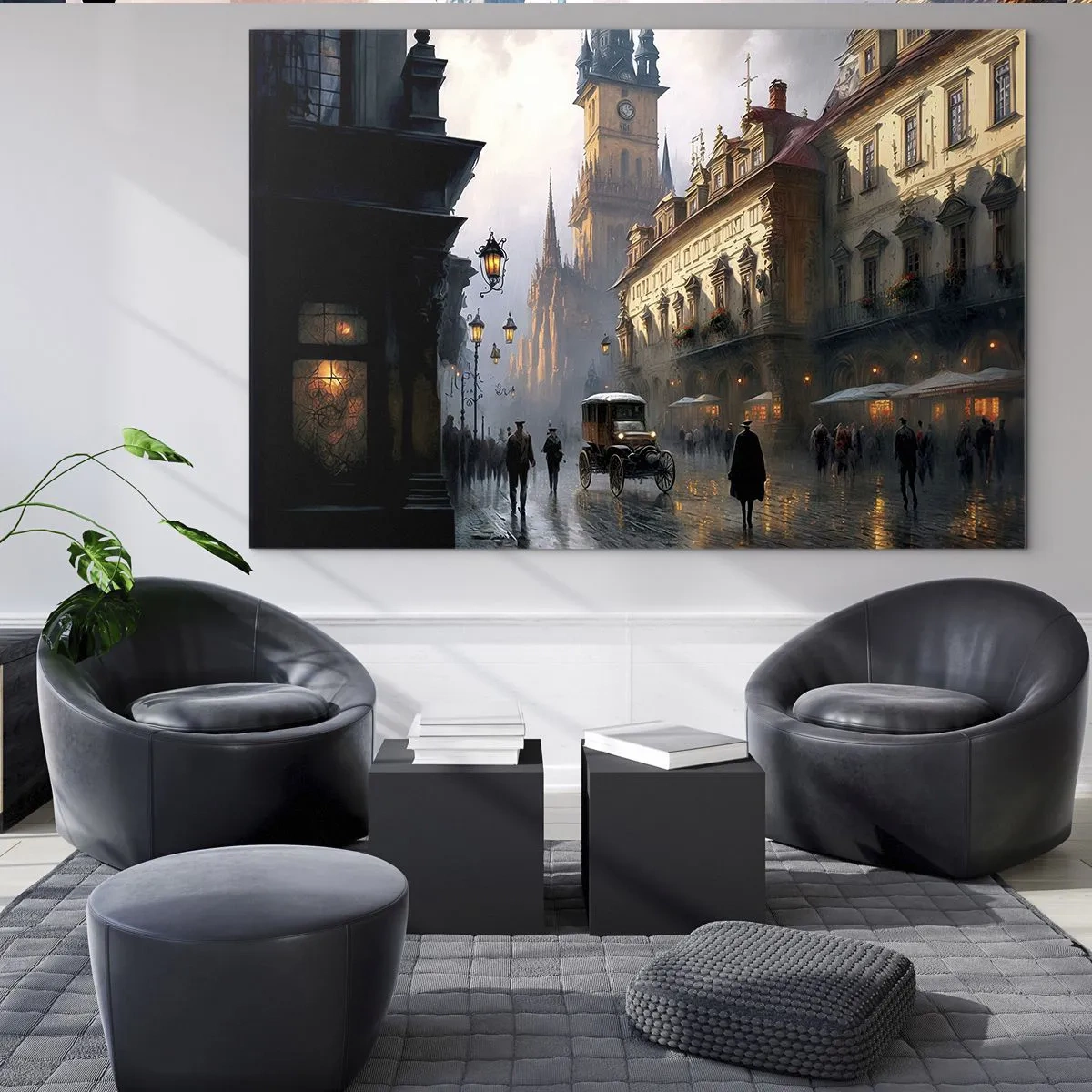 Schilderen op glas - Een historische straat verlicht door lantaarns in de schemering - 70x50cm - De charme van een Praagse avond - Moderne wanddecoratie voor woonkamer en slaapkamer ARTTOR