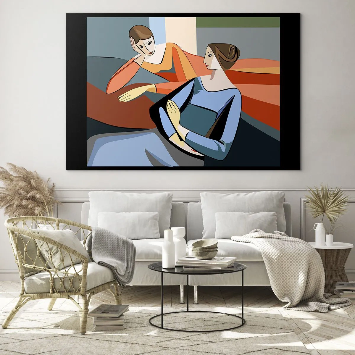 Schilderen op glas - Een geometrisch tafereel van een gesprek tussen twee vrouwen tegen de achtergrond van een interieur. - 70x50cm - Een moment van vertrouwen - Moderne wanddecoratie voor woonkamer en slaapkamer ARTTOR
