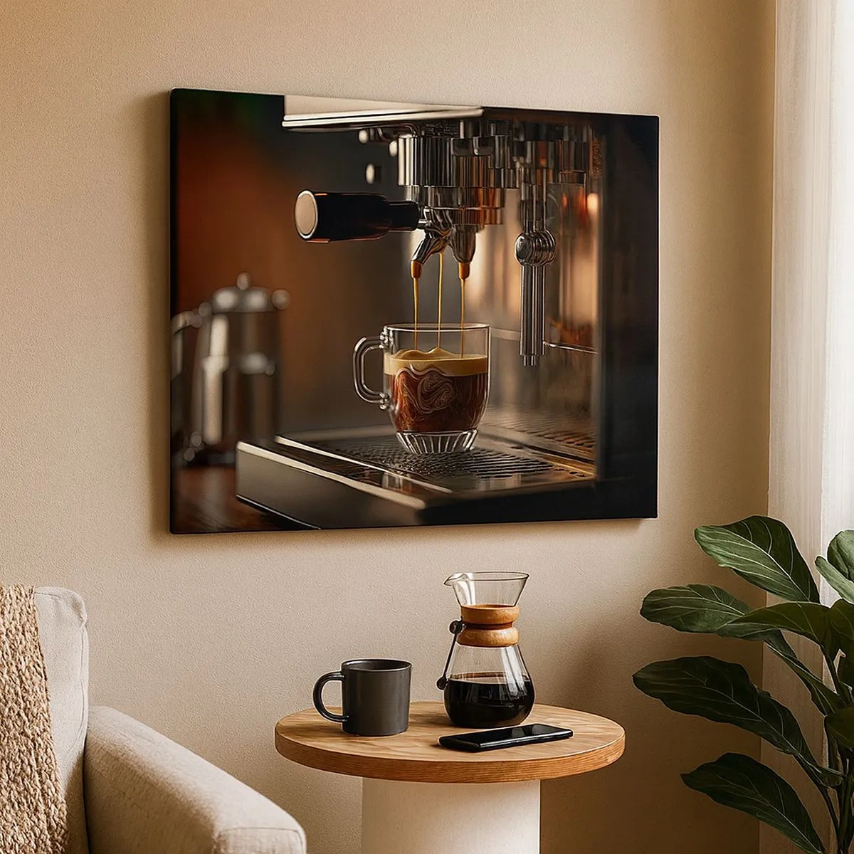 Schilderen op canvas - Koffiemachine met een kopje aromatische espresso - 70x50cm - Een sensuele mix - Moderne wanddecoratie voor woonkamer en slaapkamer ARTTOR