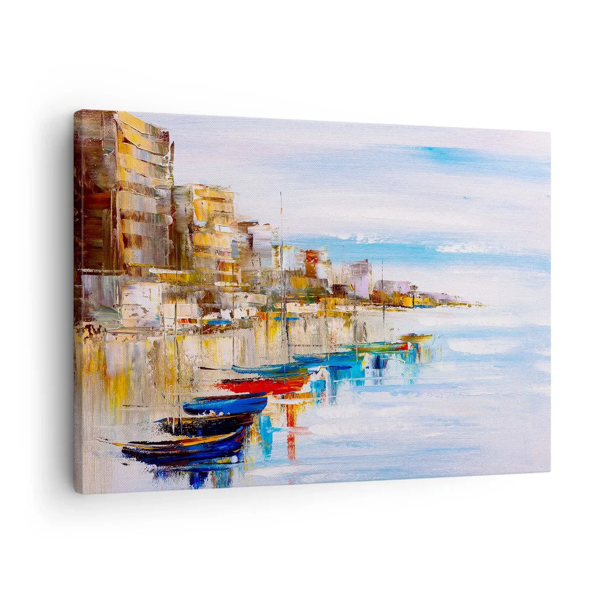 Schilderen op canvas - Kleurrijke boten aan de kust met uitzicht op de skyline van de stad - 70x50cm - Een veelkleurig stedelijk toevluchtsoord - Moderne wanddecoratie voor woonkamer en slaapkamer ARTTOR